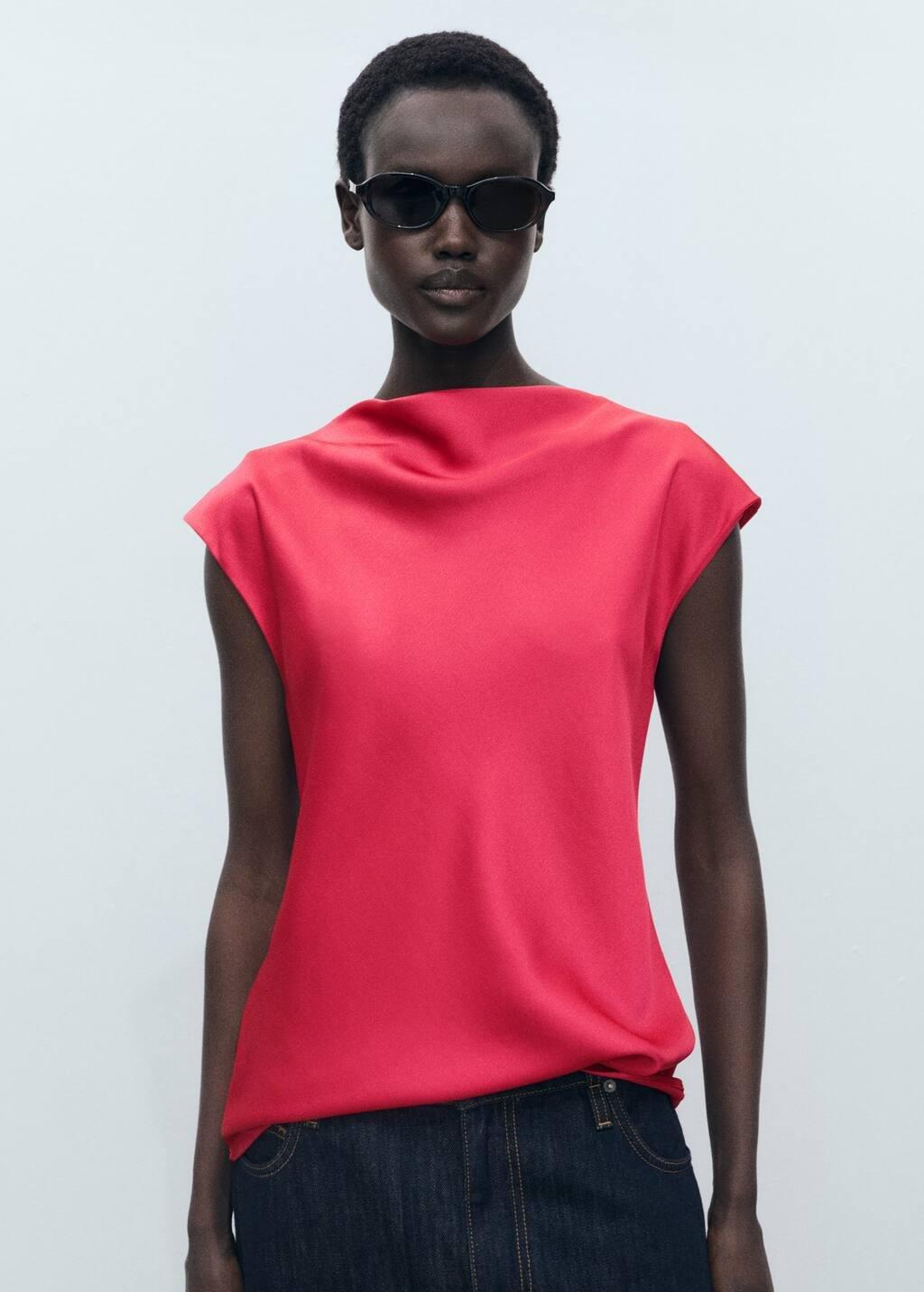 Red Satin Blouse With Draped Neck, , large image number 2