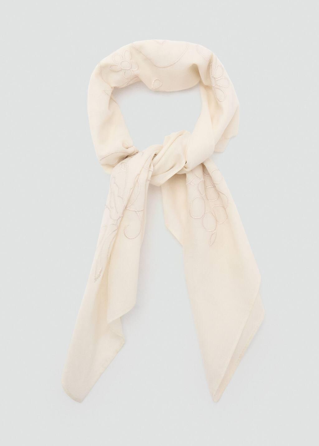 Beige Floral-Embroidered Cotton Handkerchief, Light Beige, large image number 1