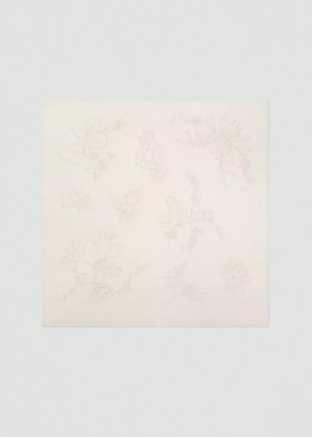 Beige Floral-Embroidered Cotton Handkerchief, Light Beige, large image number 2