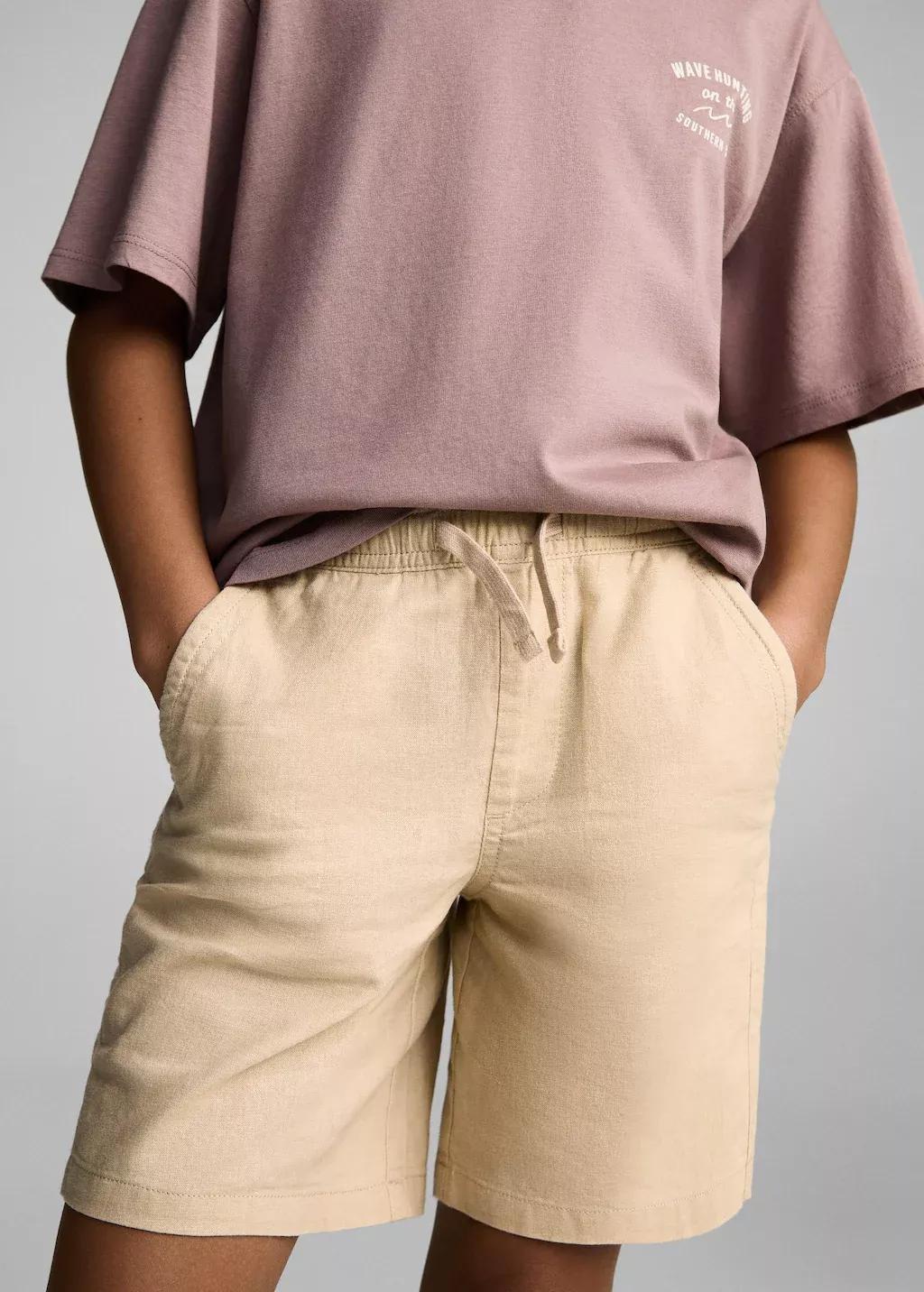 Brown Lt Pastel Elastic Waist Linen Bermuda Shorts, Kids Boy, , large image number 0