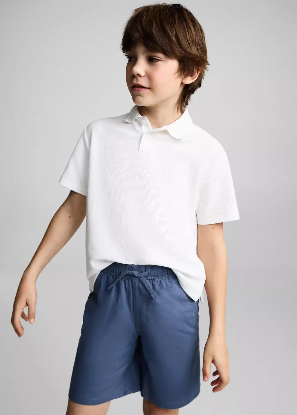 Blue Elastic Waist Linen Bermuda Shorts, Kids Boy, , large image number 0