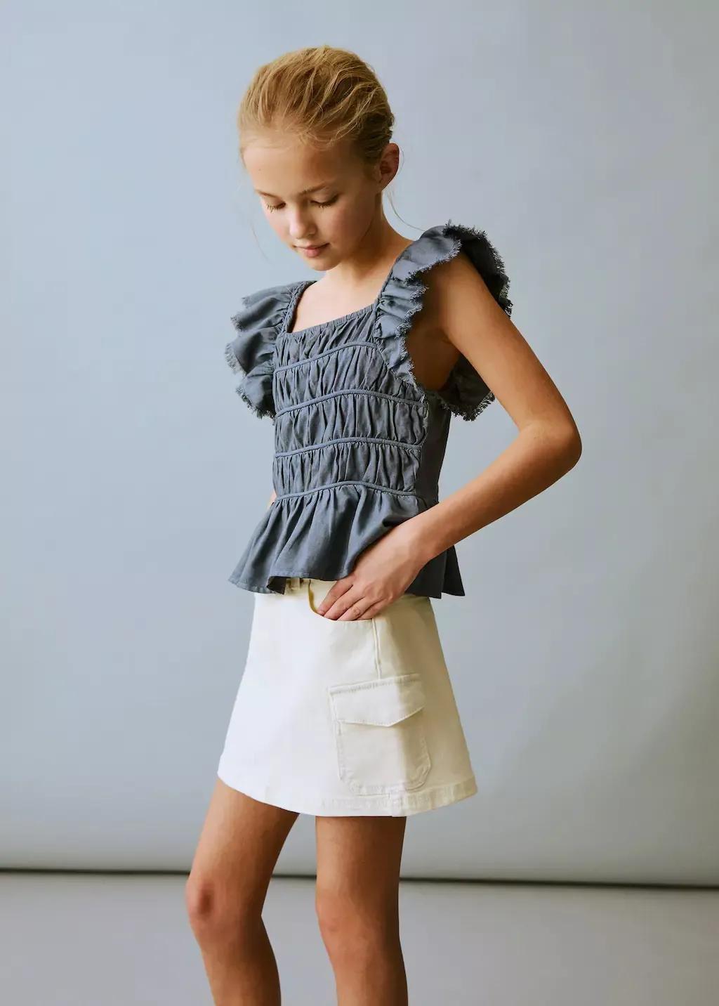 Blue Ruched Blouse With Ruffles, Kids Girl, , large image number 0