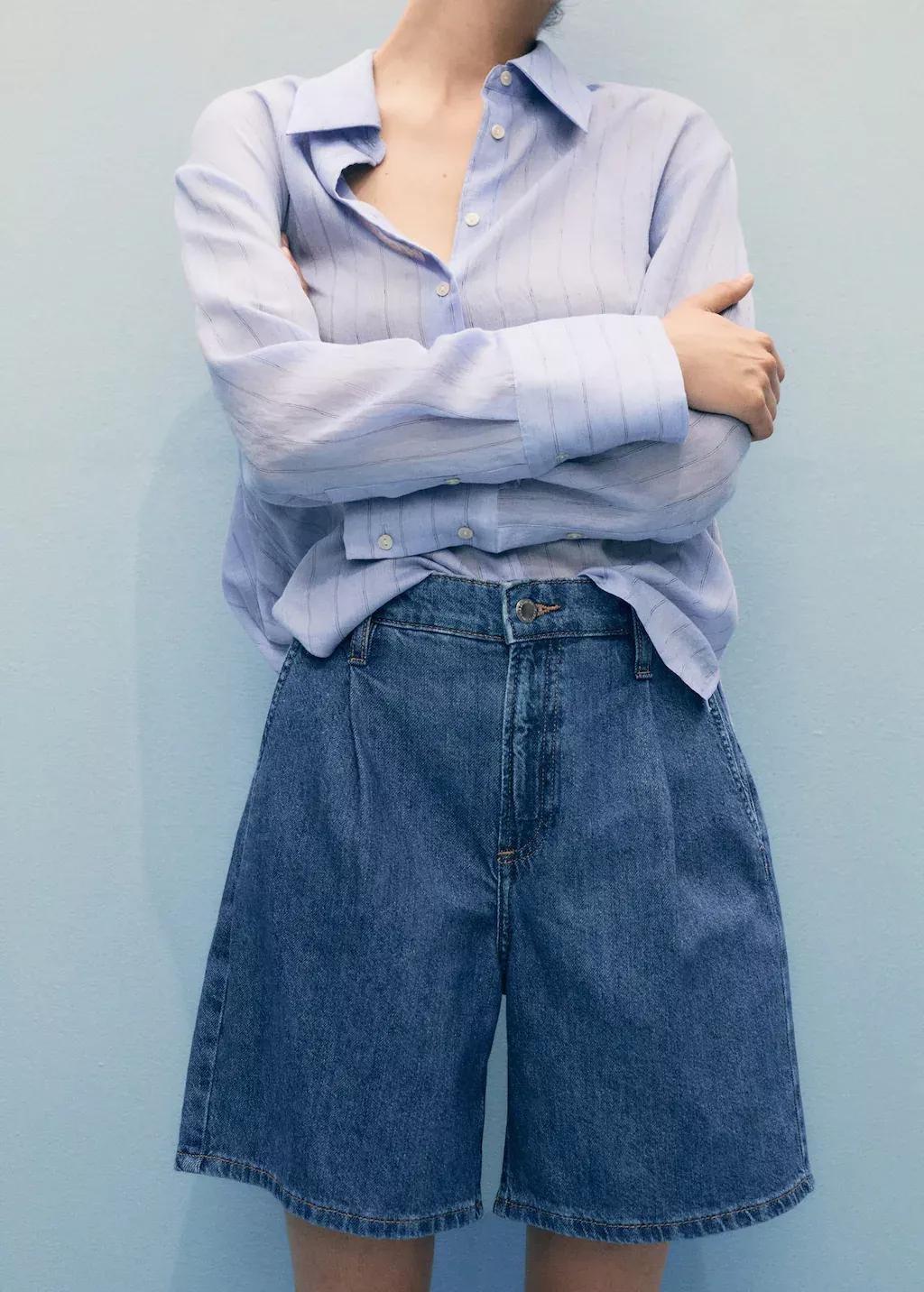 Blue Pleated Denim Bermuda Shorts, , large image number 0
