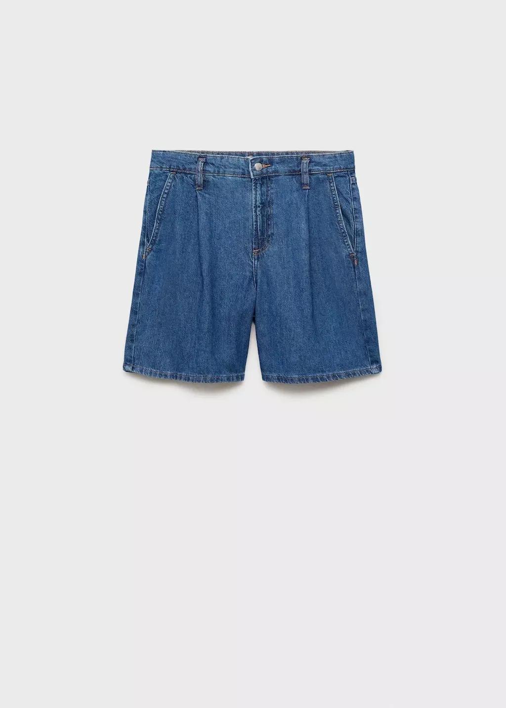 Blue Pleated Denim Bermuda Shorts, , large image number 3