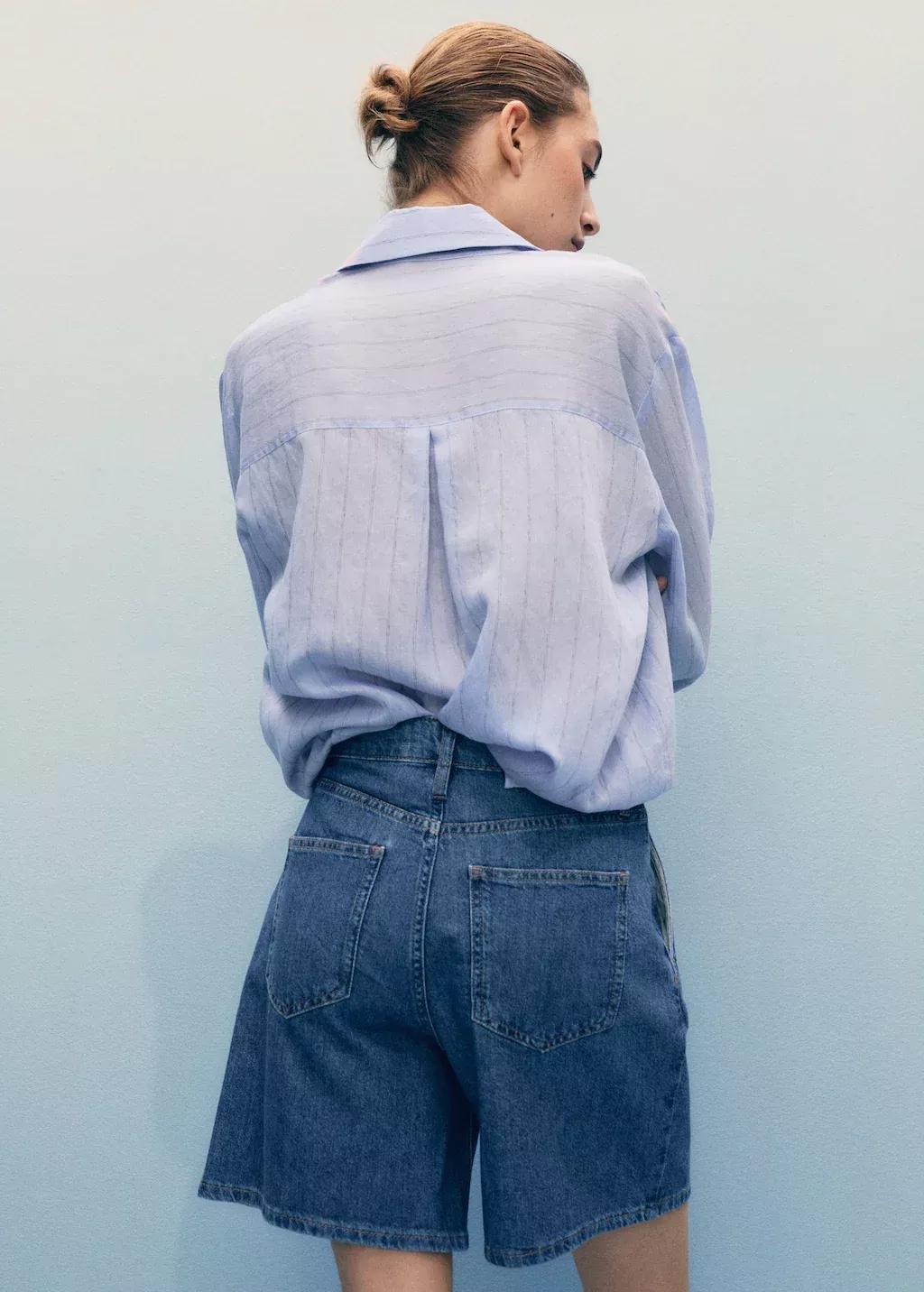 Blue Pleated Denim Bermuda Shorts, , large image number 7