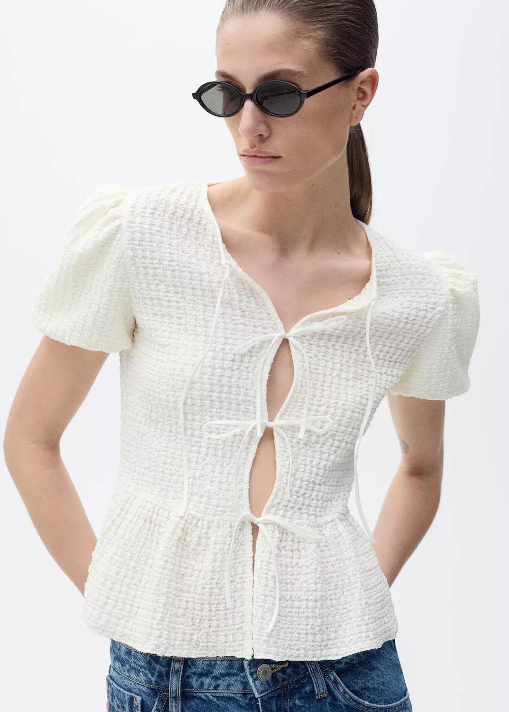 Beige Textured Blouse With Bow Closure, , large image number 0