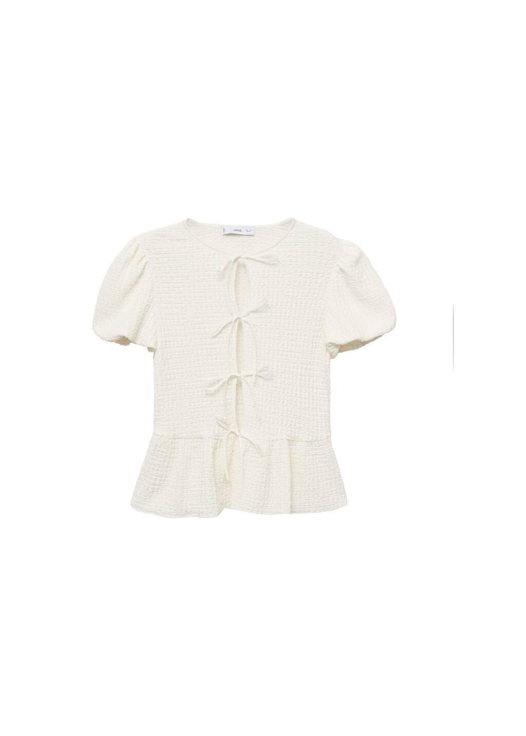 Beige Textured Blouse With Bow Closure, , large image number 2