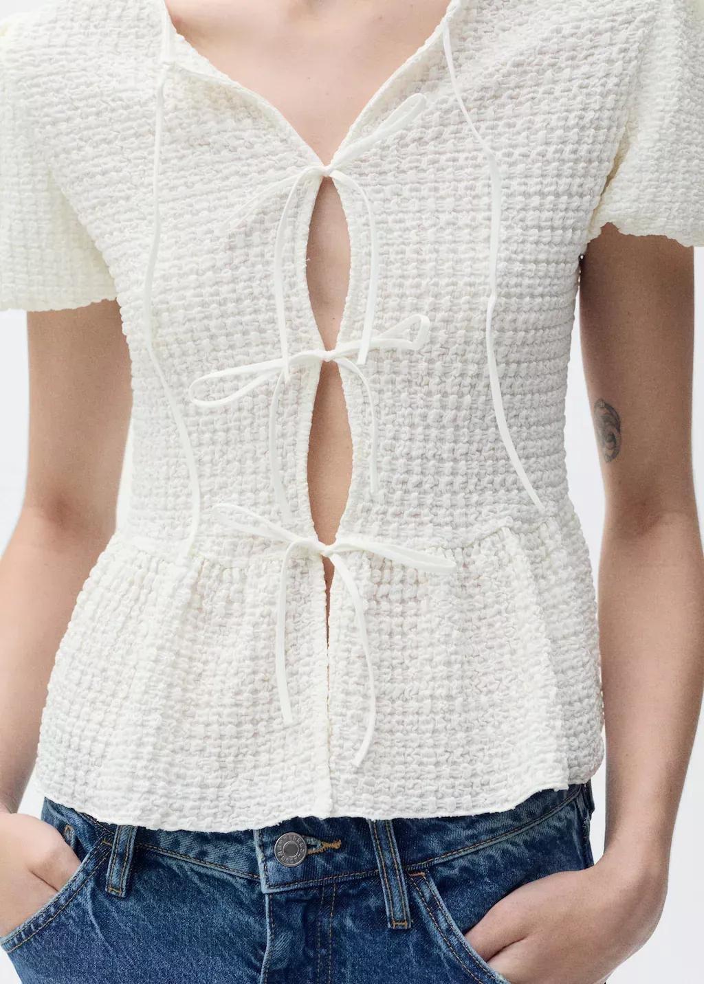 Beige Textured Blouse With Bow Closure, , large image number 3