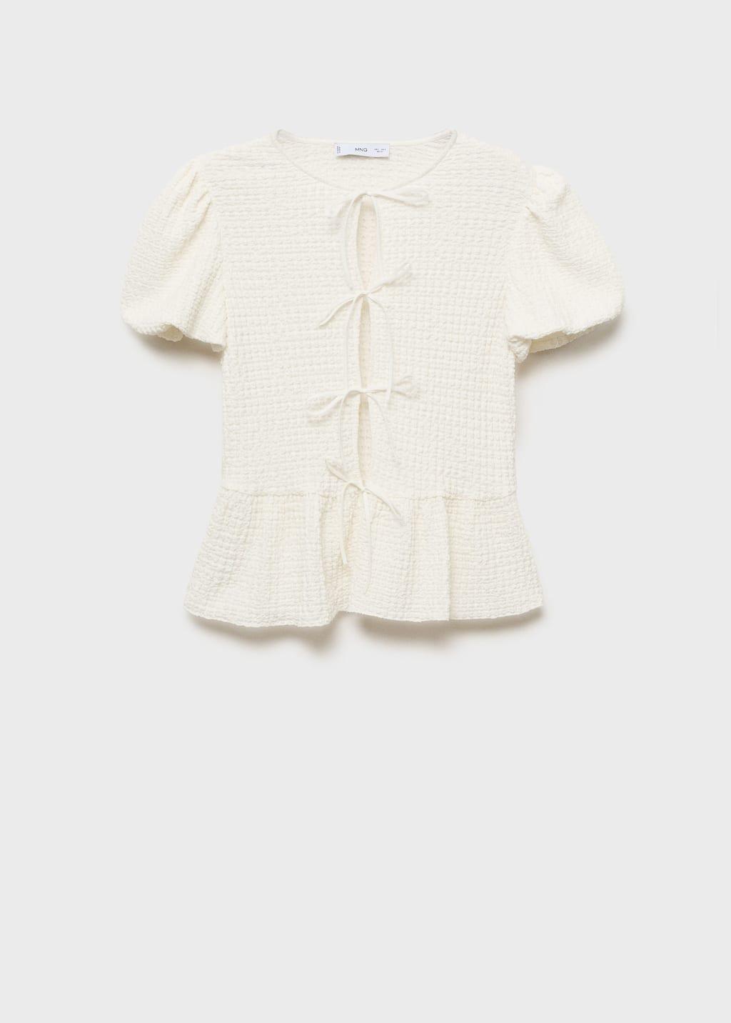 Beige Textured Blouse With Bow Closure, , large image number 4