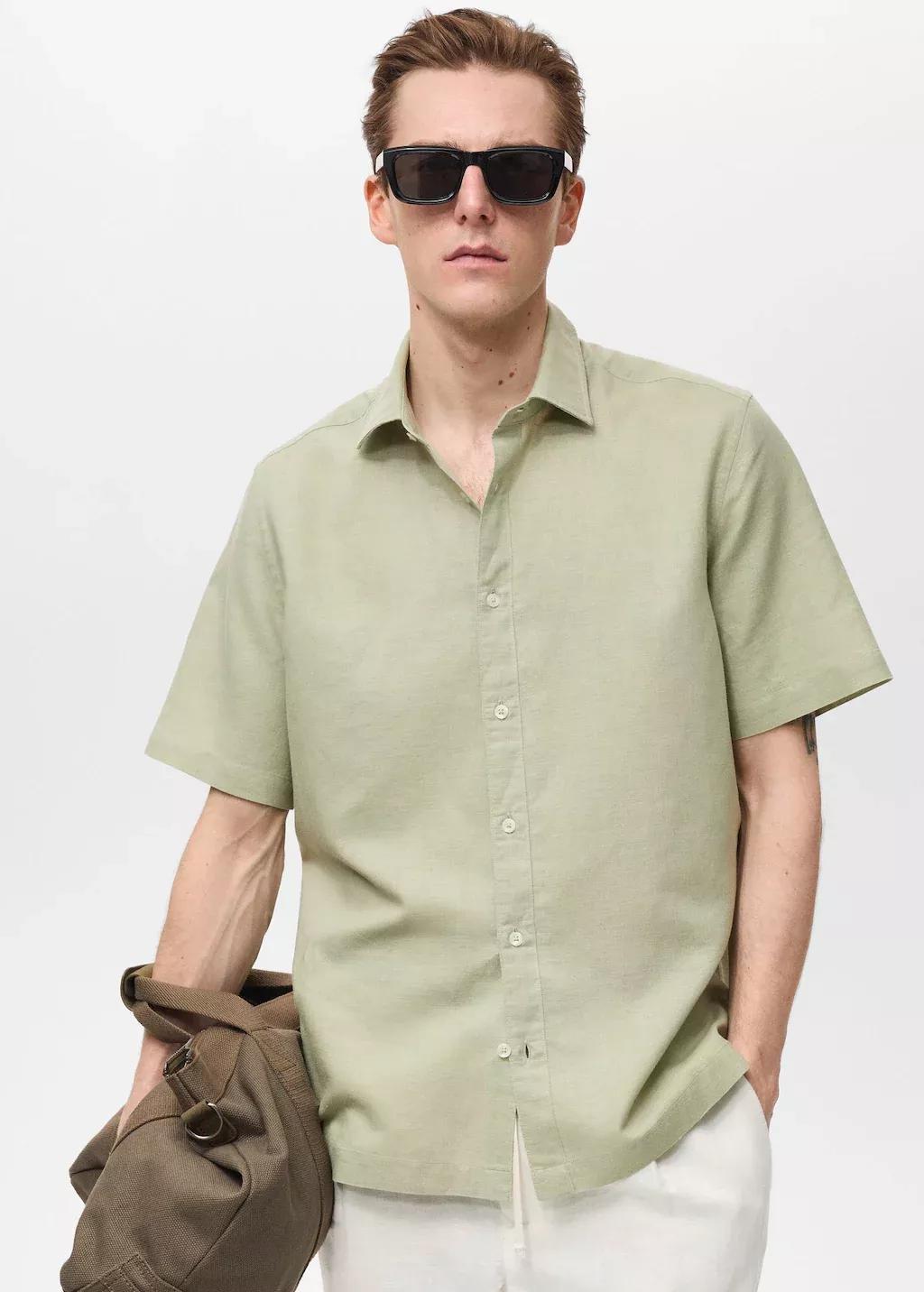 Green Short Sleeve Linen-Blend Shirt, , medium