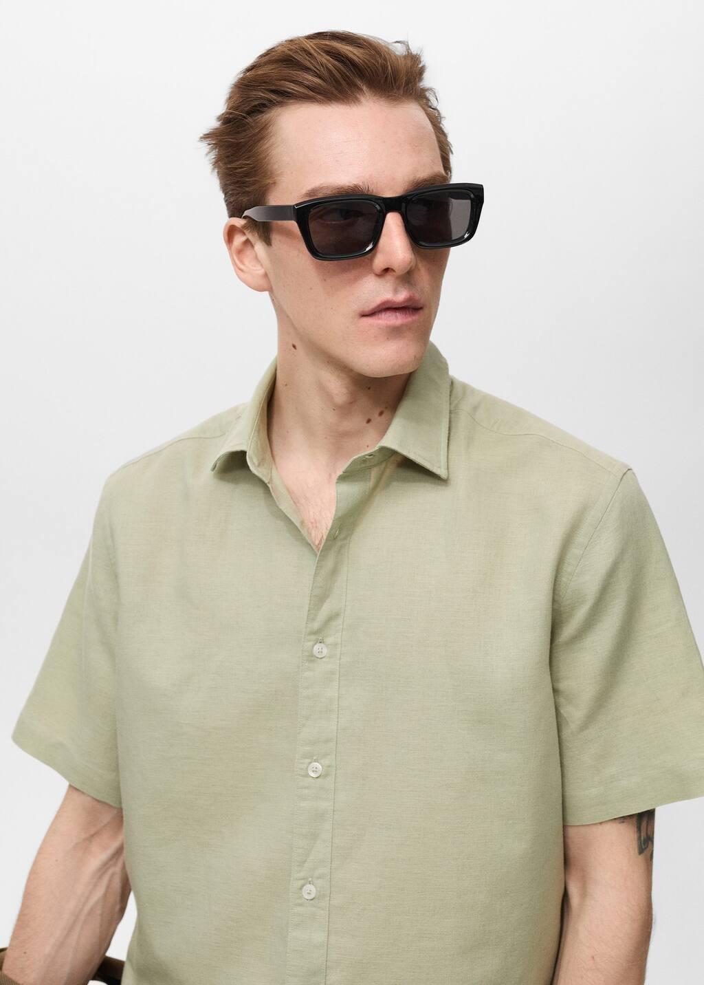 Green Short Sleeve Linen-Blend Shirt, , large image number 1