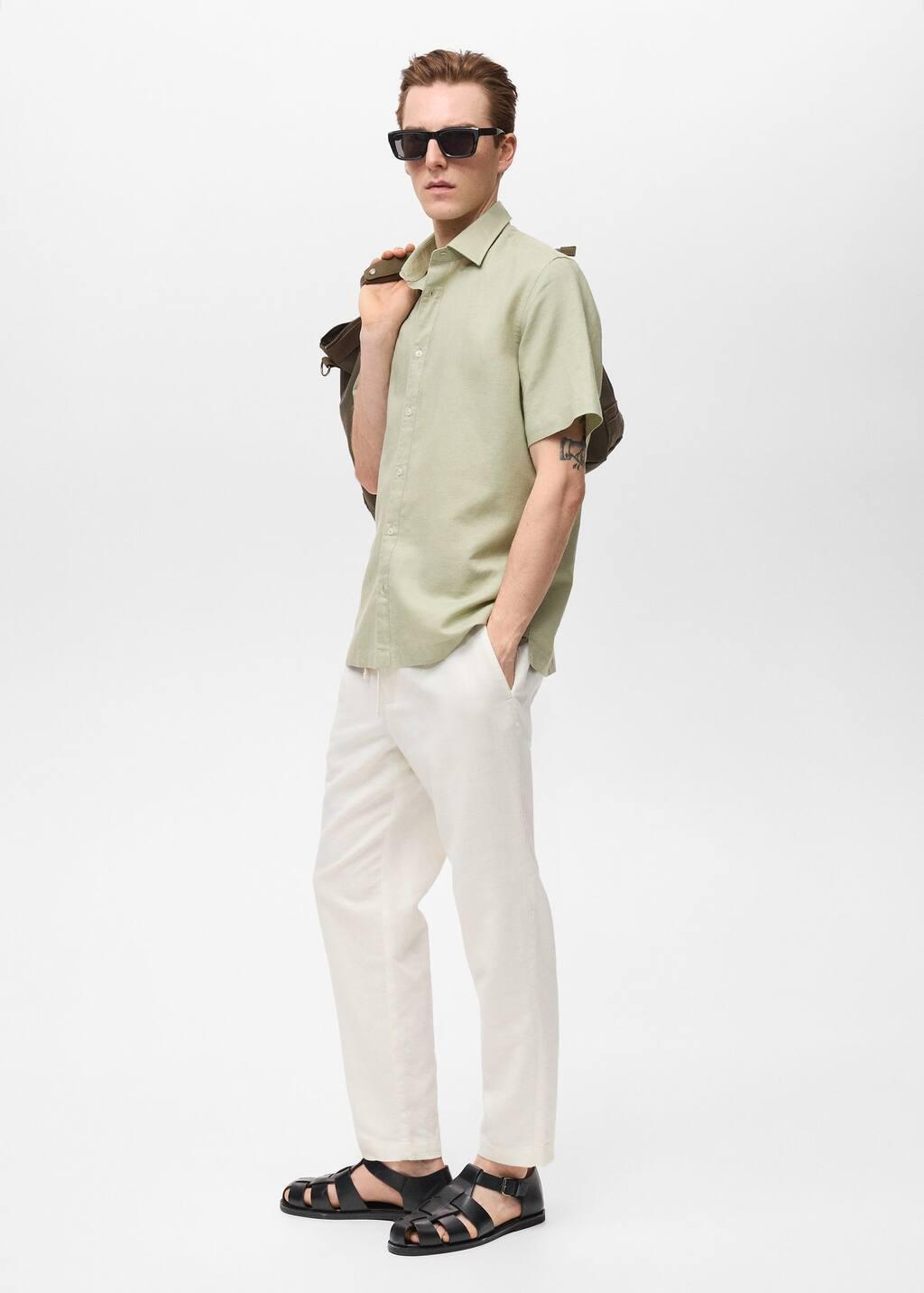 Green Short Sleeve Linen-Blend Shirt, , large image number 2