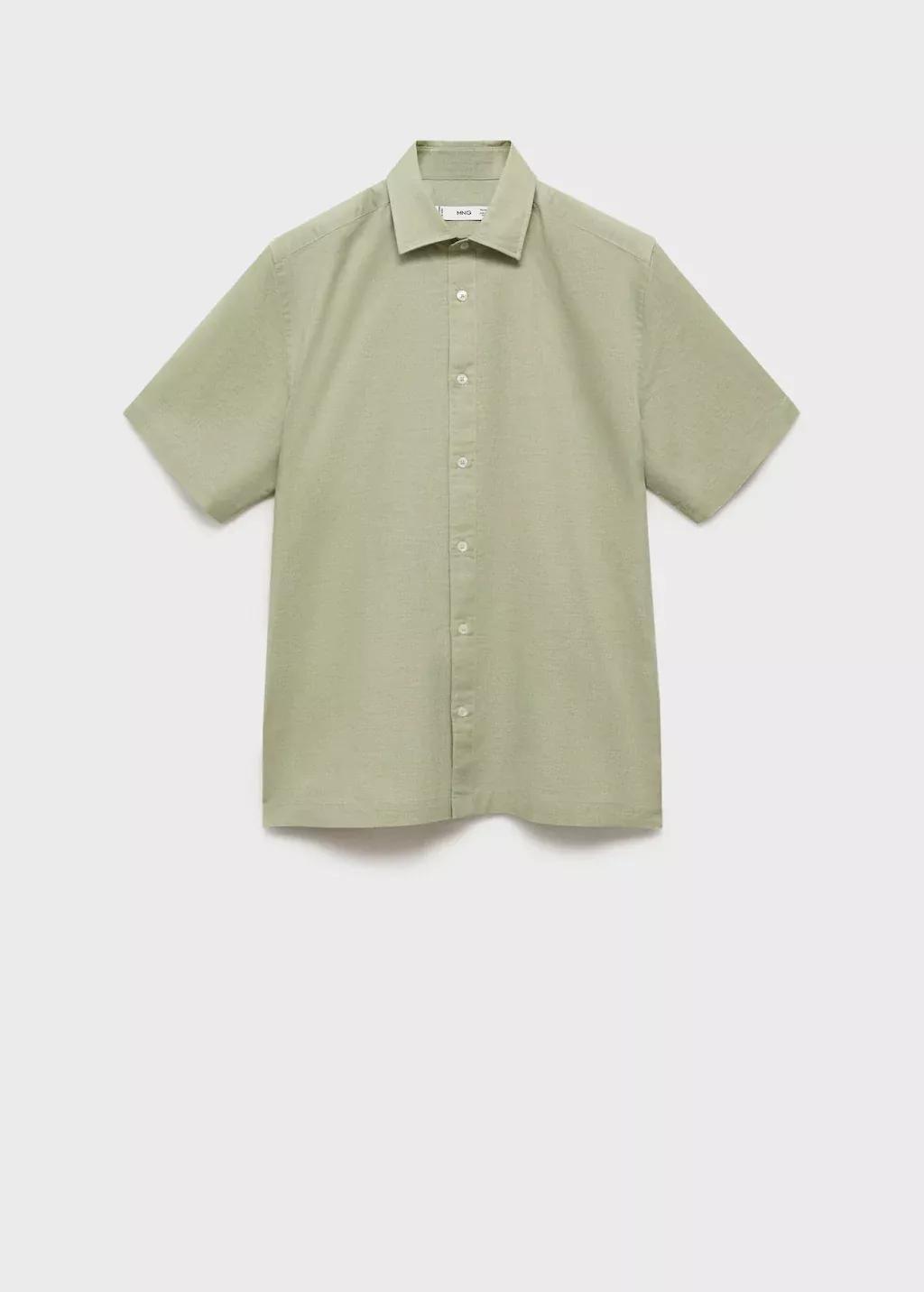 Green Short Sleeve Linen-Blend Shirt, , large image number 3