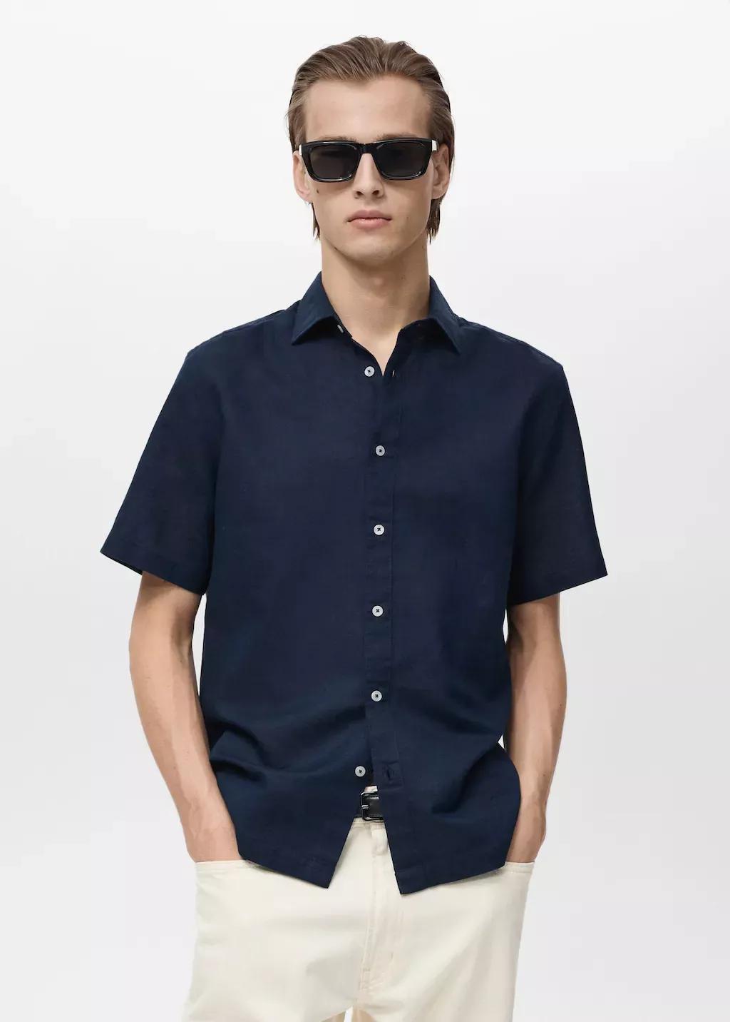 NAVY Short sleeve linen-blend shirt, , large image number 0