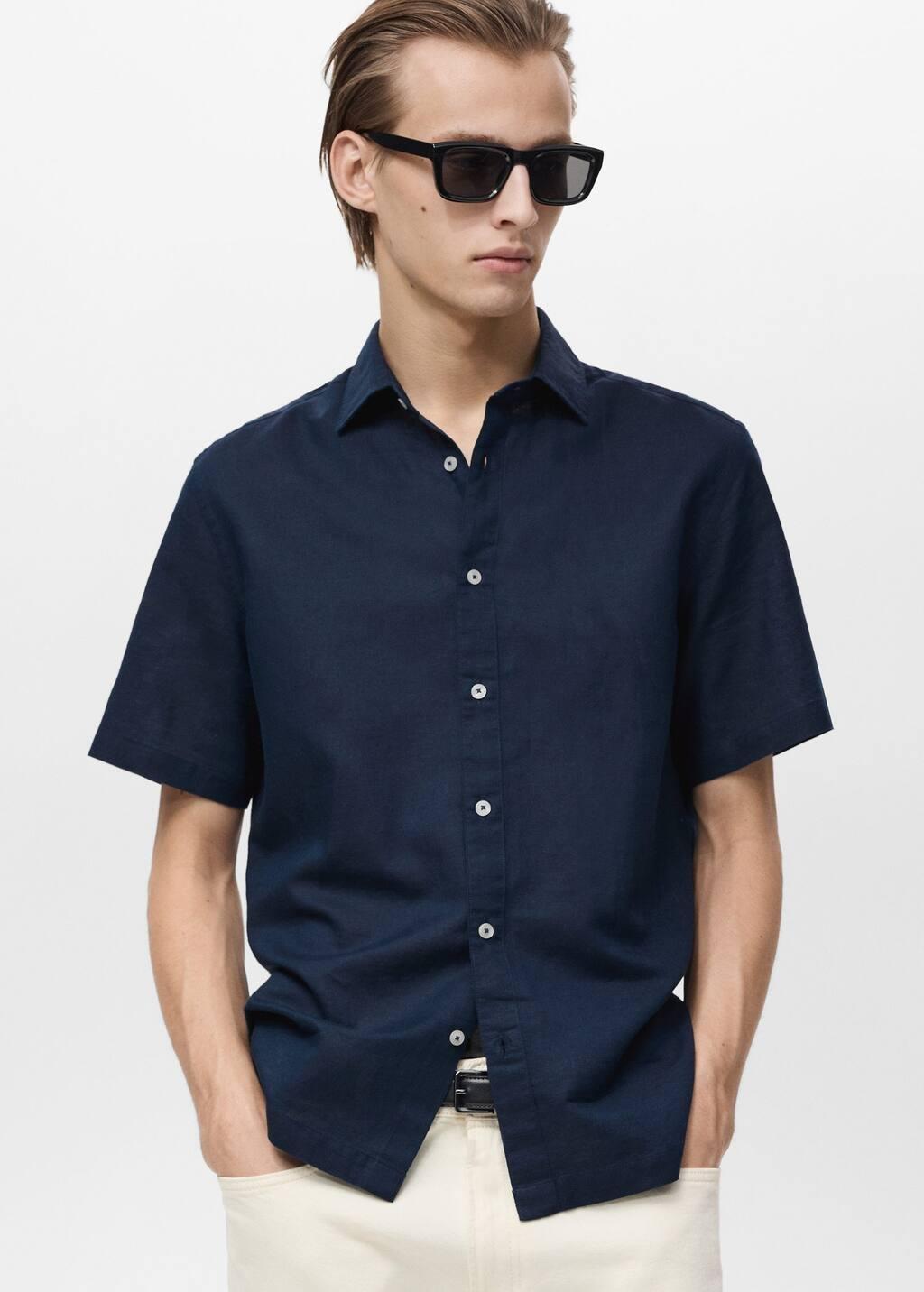NAVY Short sleeve linen-blend shirt, , large image number 5