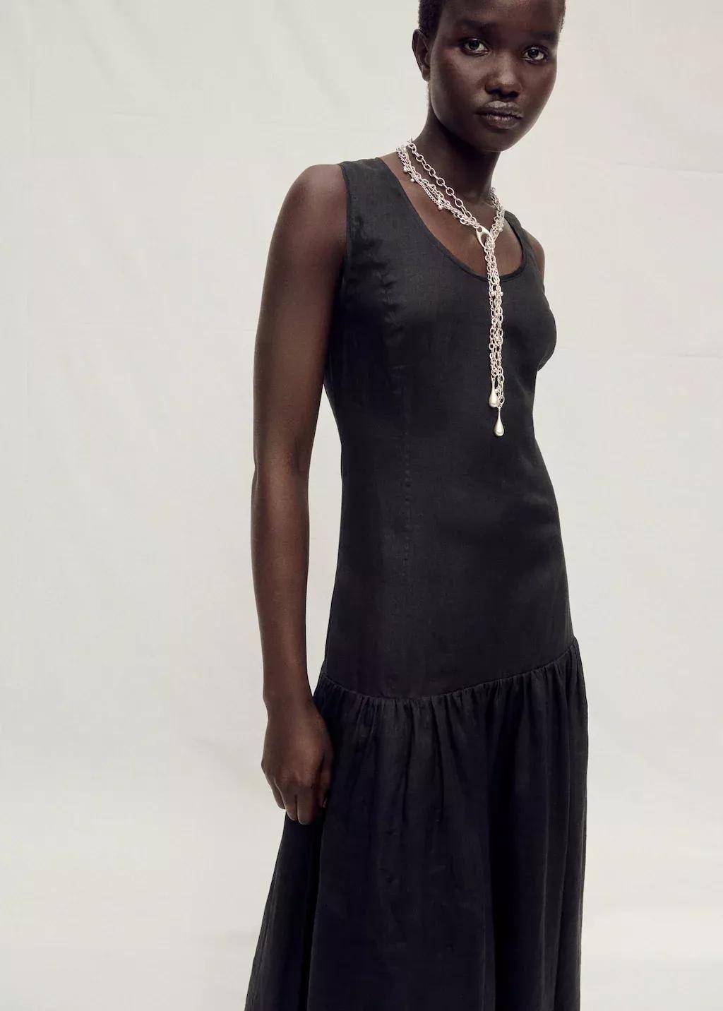 Black Linen Blend Ruffle Dress, , large image number 0