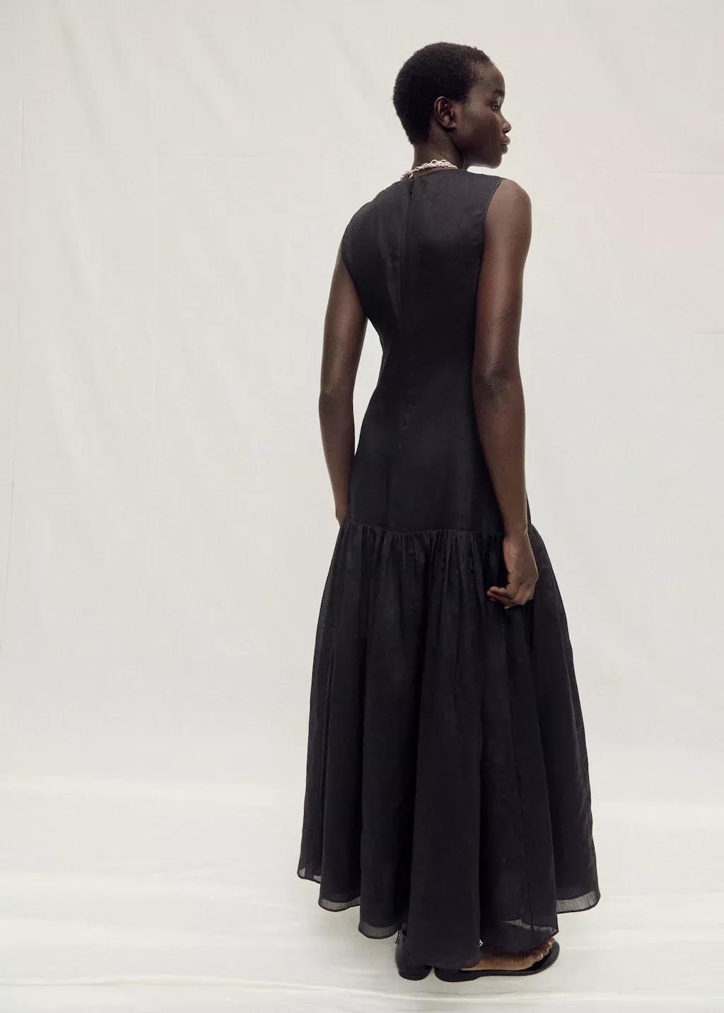 Black Linen Blend Ruffle Dress, , large image number 6