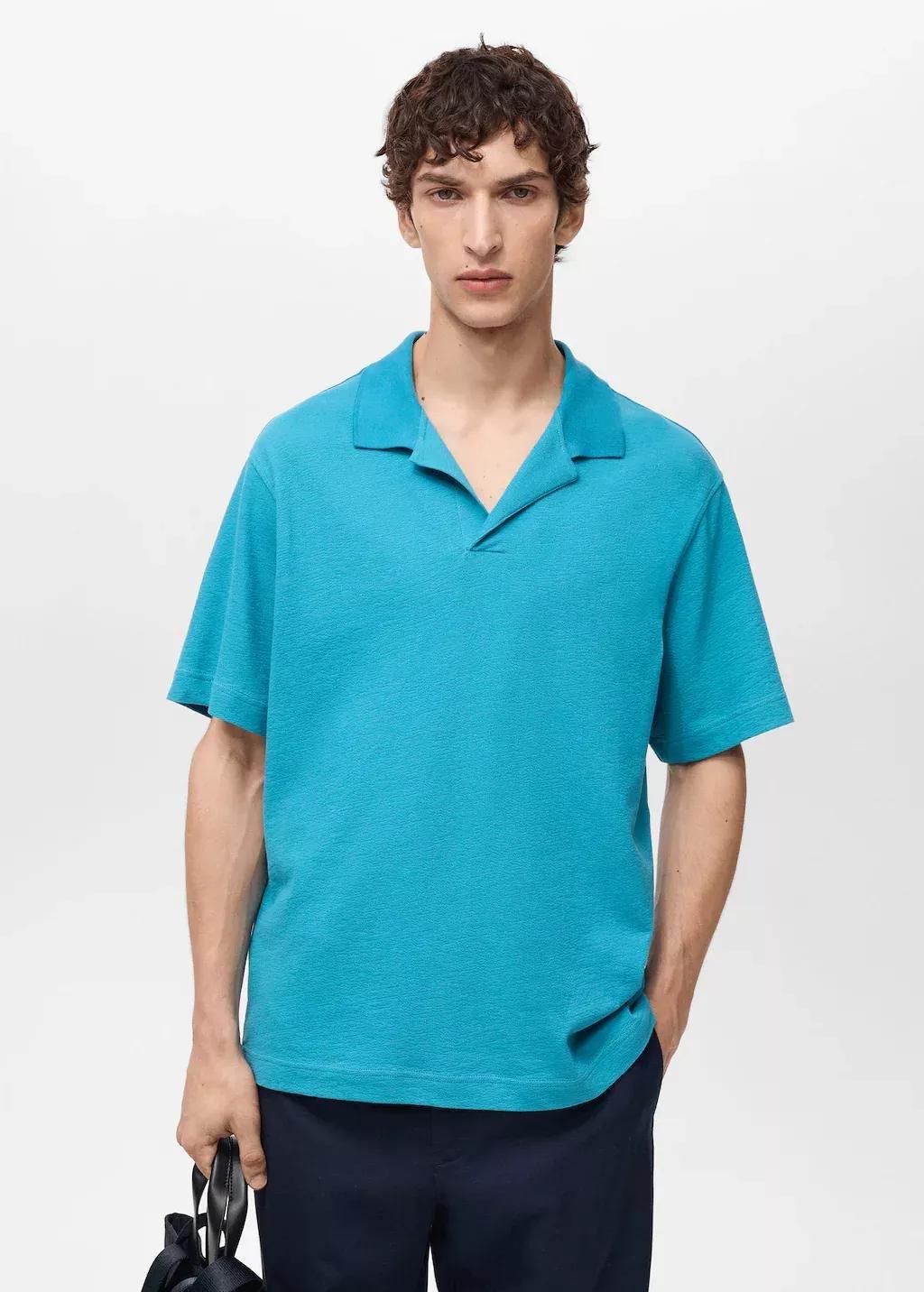 Turquoise Textured Cotton Polo Relaxed Fit, , large image number 0