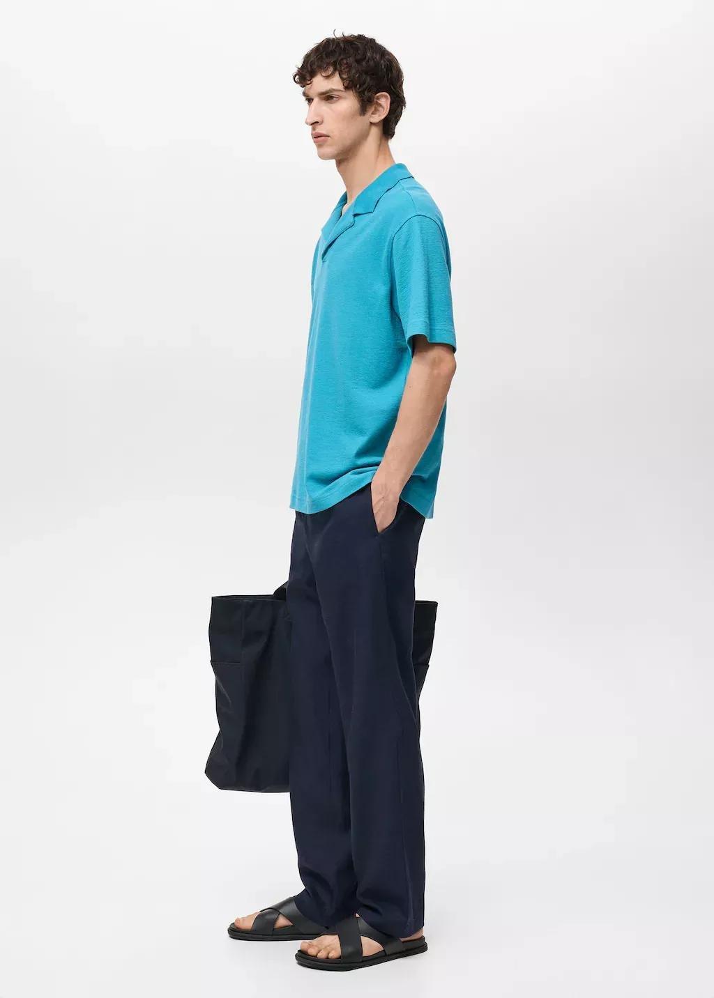 Turquoise Textured Cotton Polo Relaxed Fit, , large image number 3