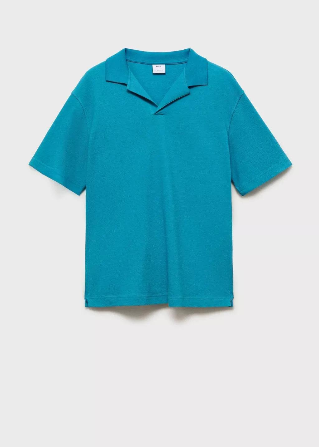 Turquoise Textured Cotton Polo Relaxed Fit, , large image number 4