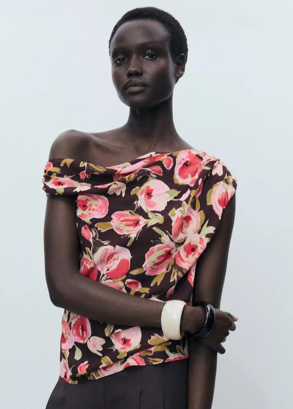 Brown Floral Blouse With Asymmetrical Neck, , medium