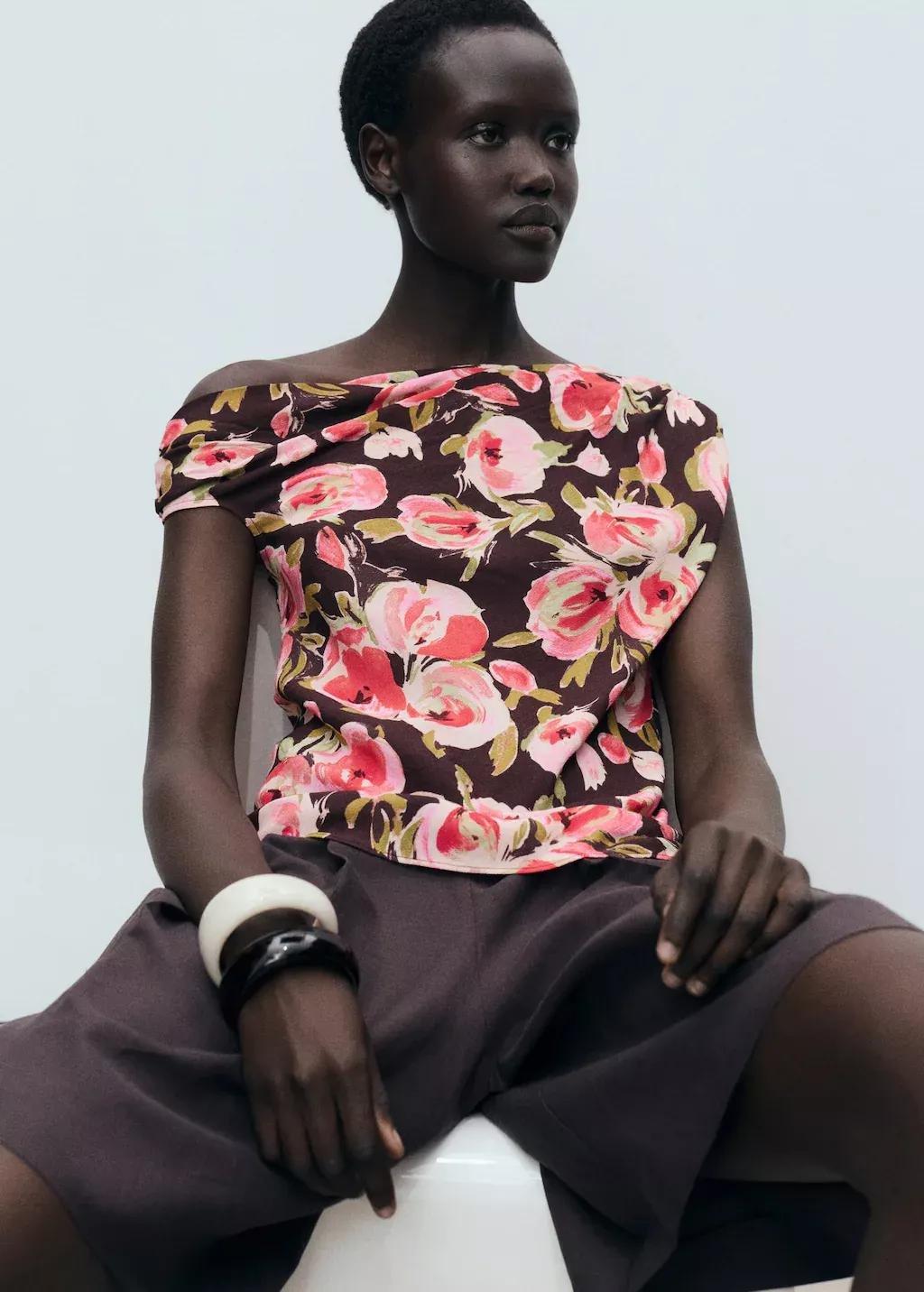 Brown Floral Blouse With Asymmetrical Neck, , large image number 1