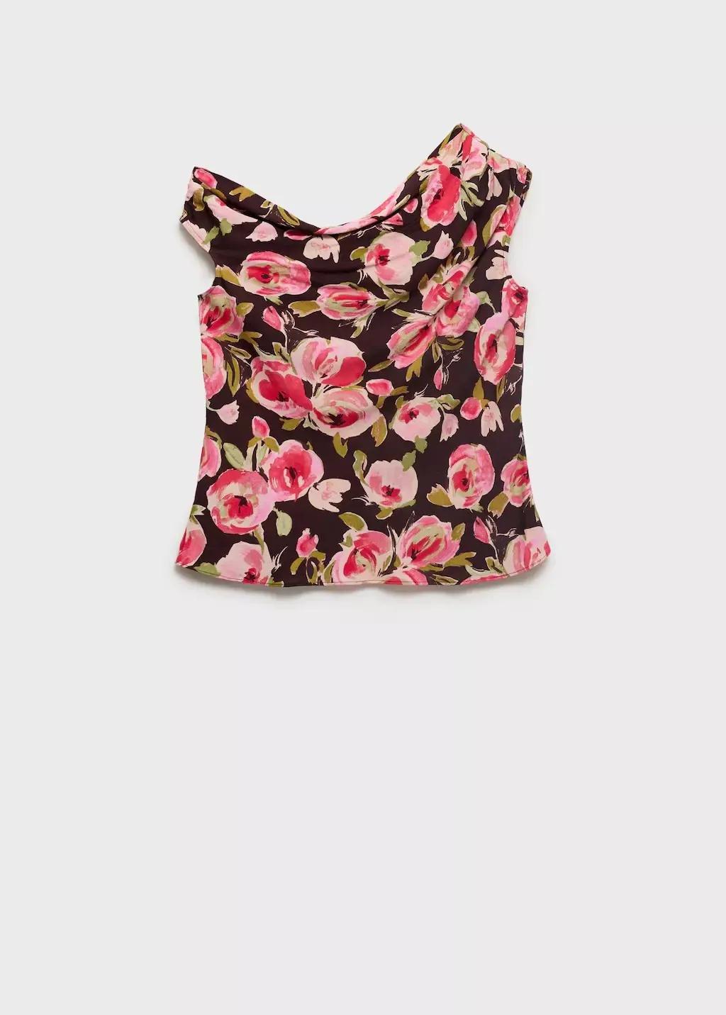 Brown Floral Blouse With Asymmetrical Neck, , large image number 3