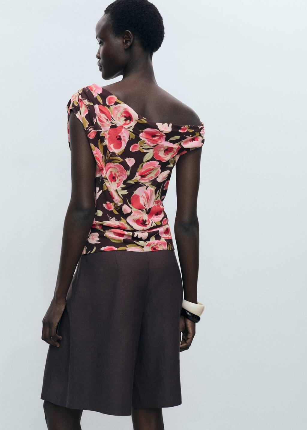 Brown Floral Blouse With Asymmetrical Neck, , large image number 5