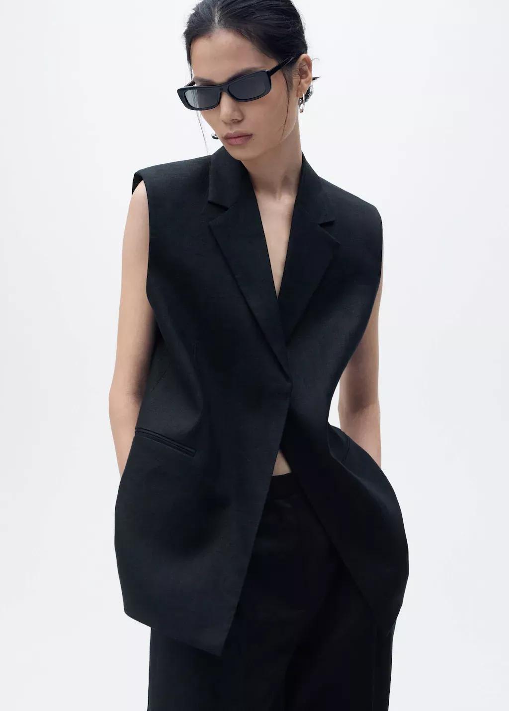 Black Linen Suit Waistcoat, , large image number 0