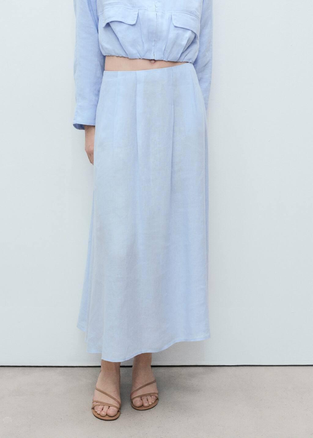 Blue Lt Pastel Linent Skirt With Pleat Detail, , large image number 0