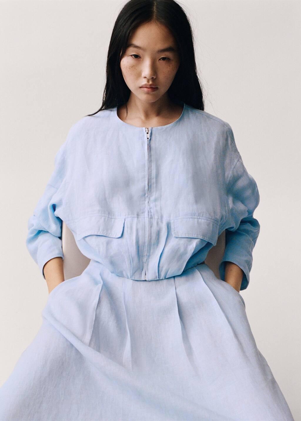 Blue Lt Pastel Linent Skirt With Pleat Detail, , large image number 2