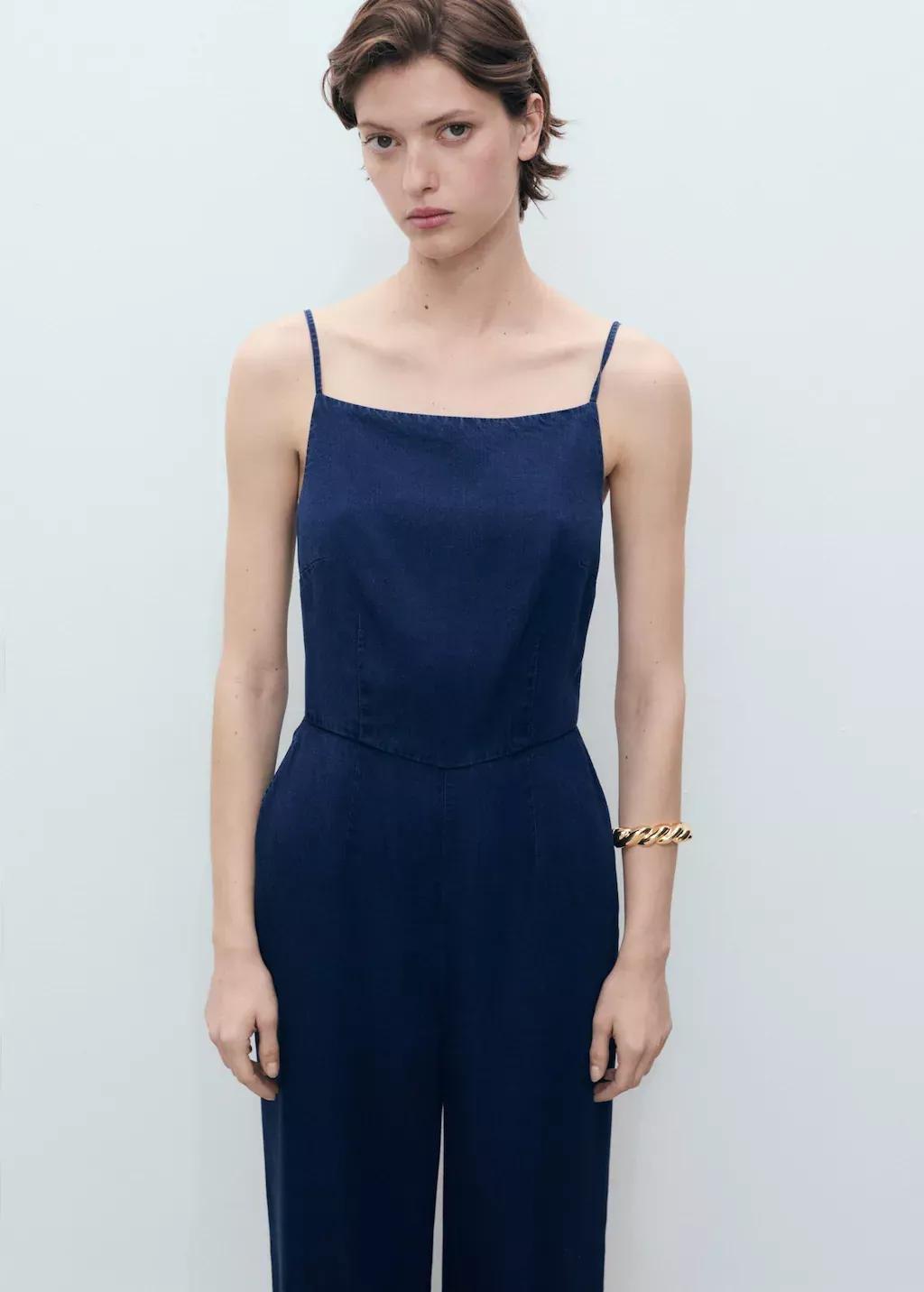 Blue Long Denim-Effect Jumpsuit, , large image number 0