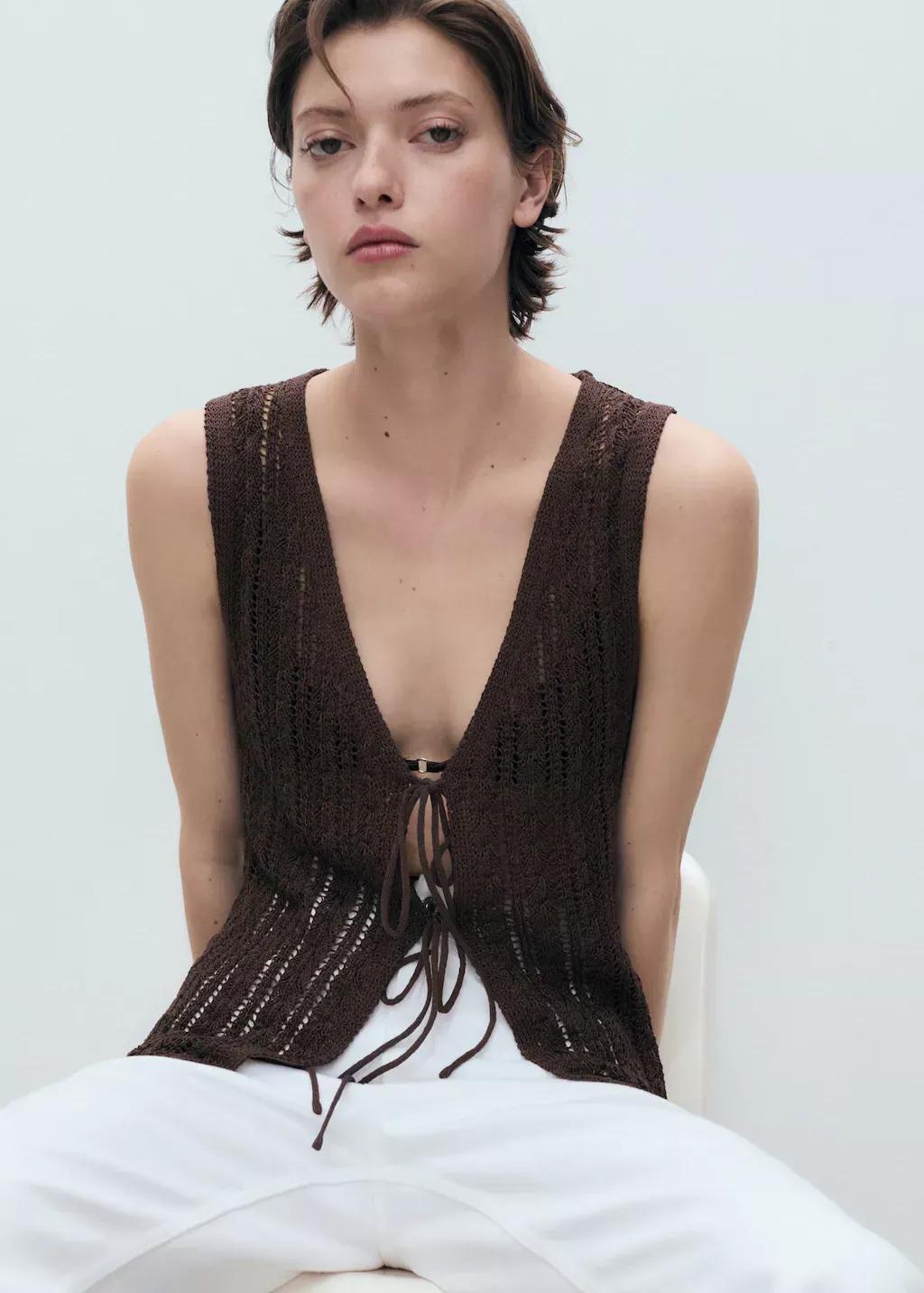 Brown Openwork Knitted Waistcoat With Bow Closure, , large image number 0