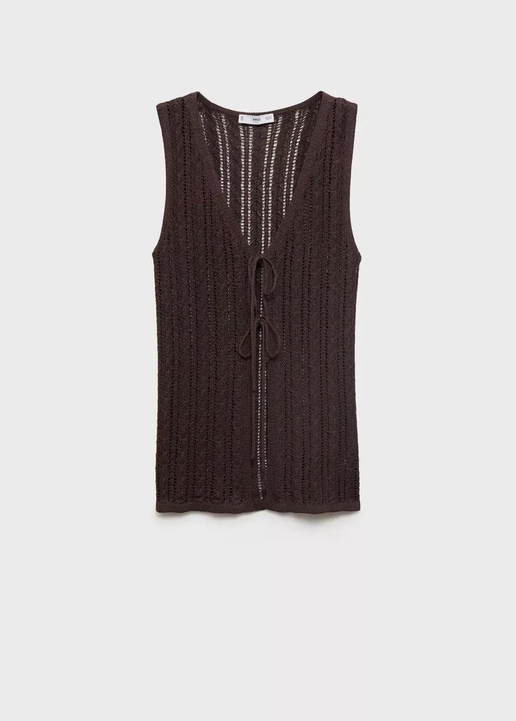 Brown Openwork Knitted Waistcoat With Bow Closure, , large image number 3