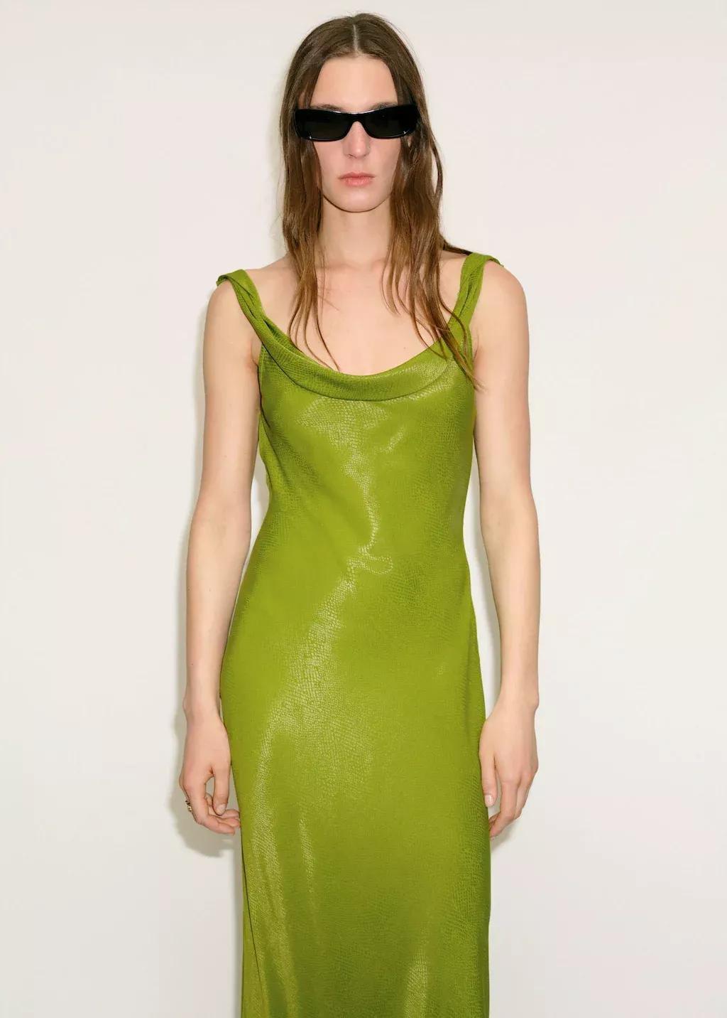 Green Textured Dress With Draped Neckline, , large image number 0