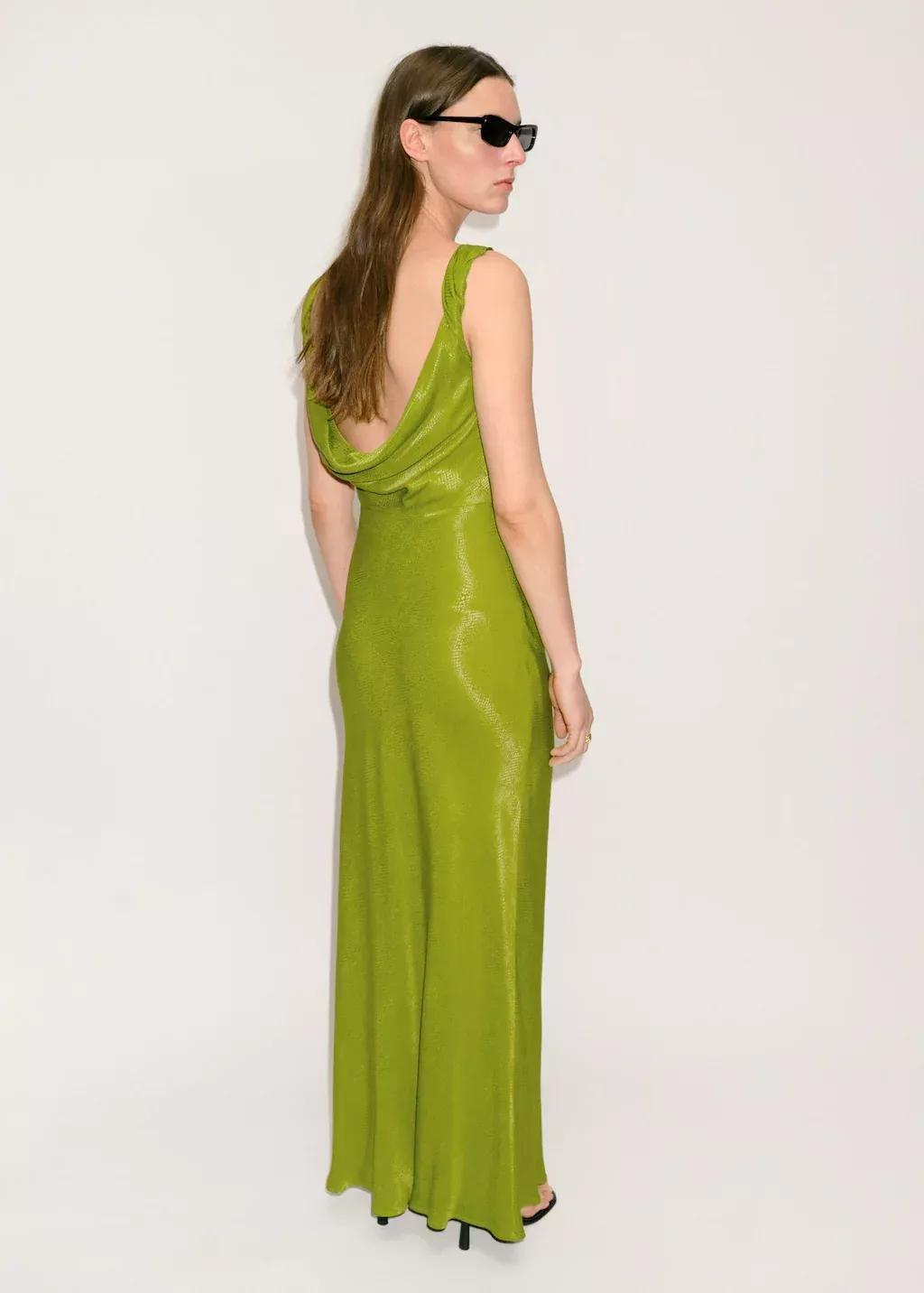 Green Textured Dress With Draped Neckline, , large image number 3