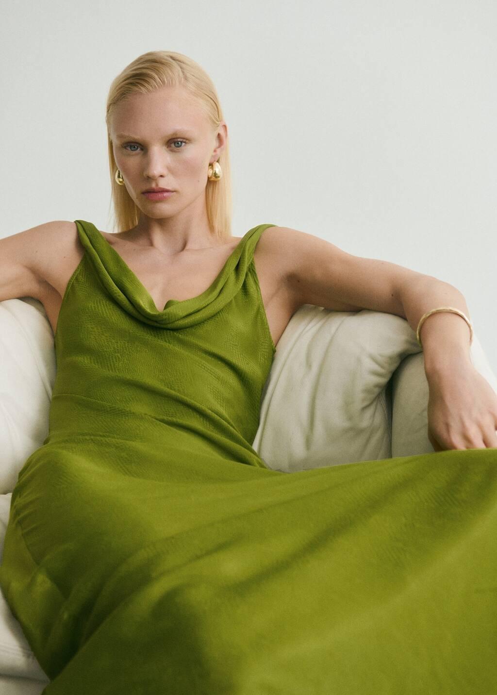Green Textured Dress With Draped Neckline, , large image number 4