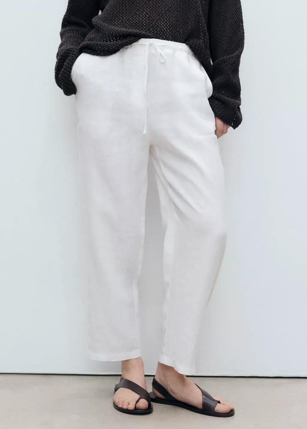 White Straight Linen-Blend Trousers, , large image number 0