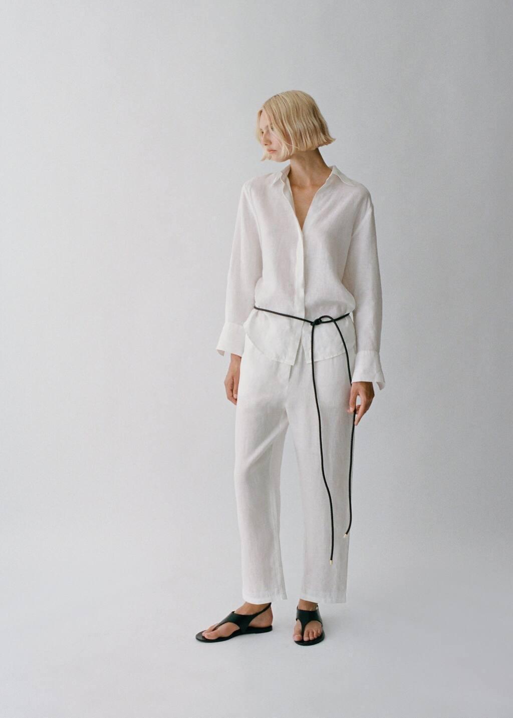 White Straight Linen-Blend Trousers, , large image number 3