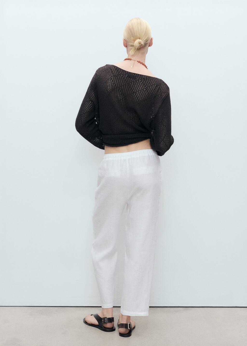 White Straight Linen-Blend Trousers, , large image number 5