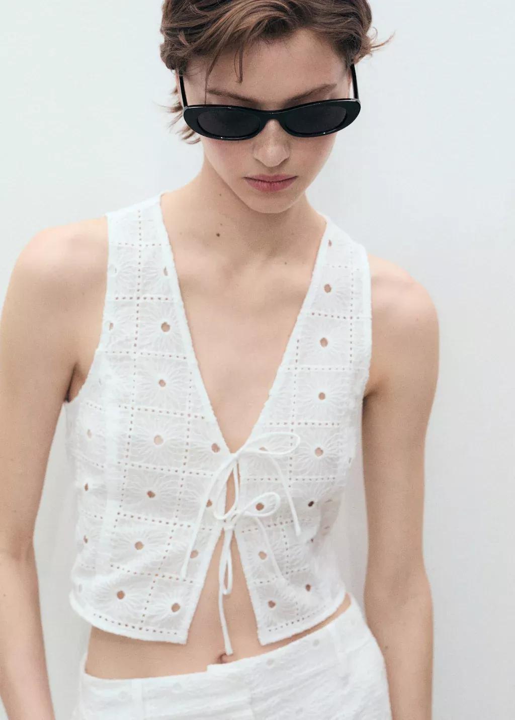 White Embroidered Cotton Waistcoat With Bows, , large image number 0