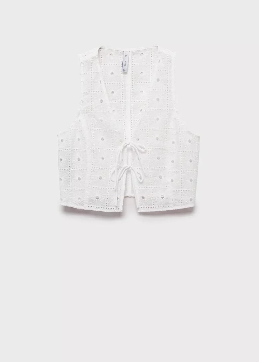 White Embroidered Cotton Waistcoat With Bows, , large image number 3