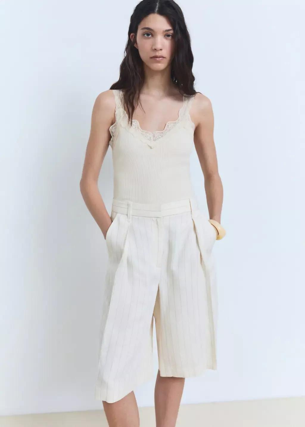 White Fitted Top With Lace Neckline, , large image number 0