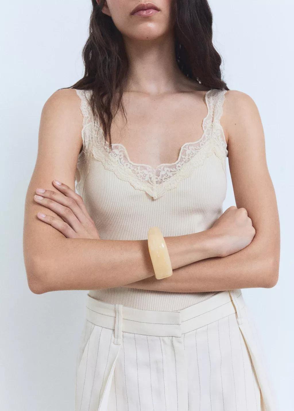 White Fitted Top With Lace Neckline, , large image number 1