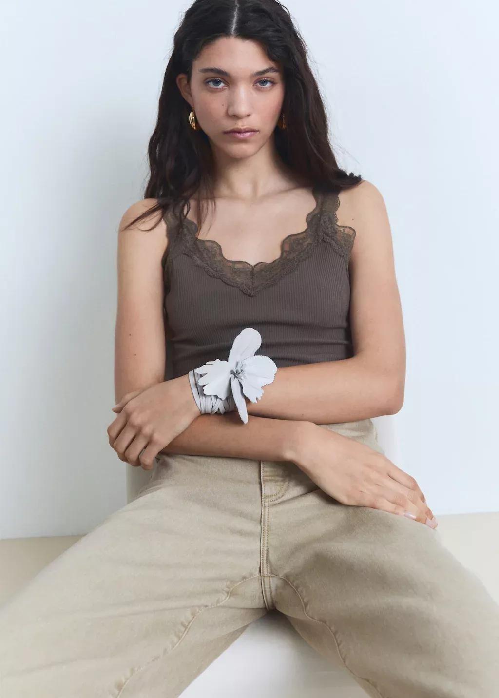 Grey Fitted Top With Lace Neckline, , large image number 2