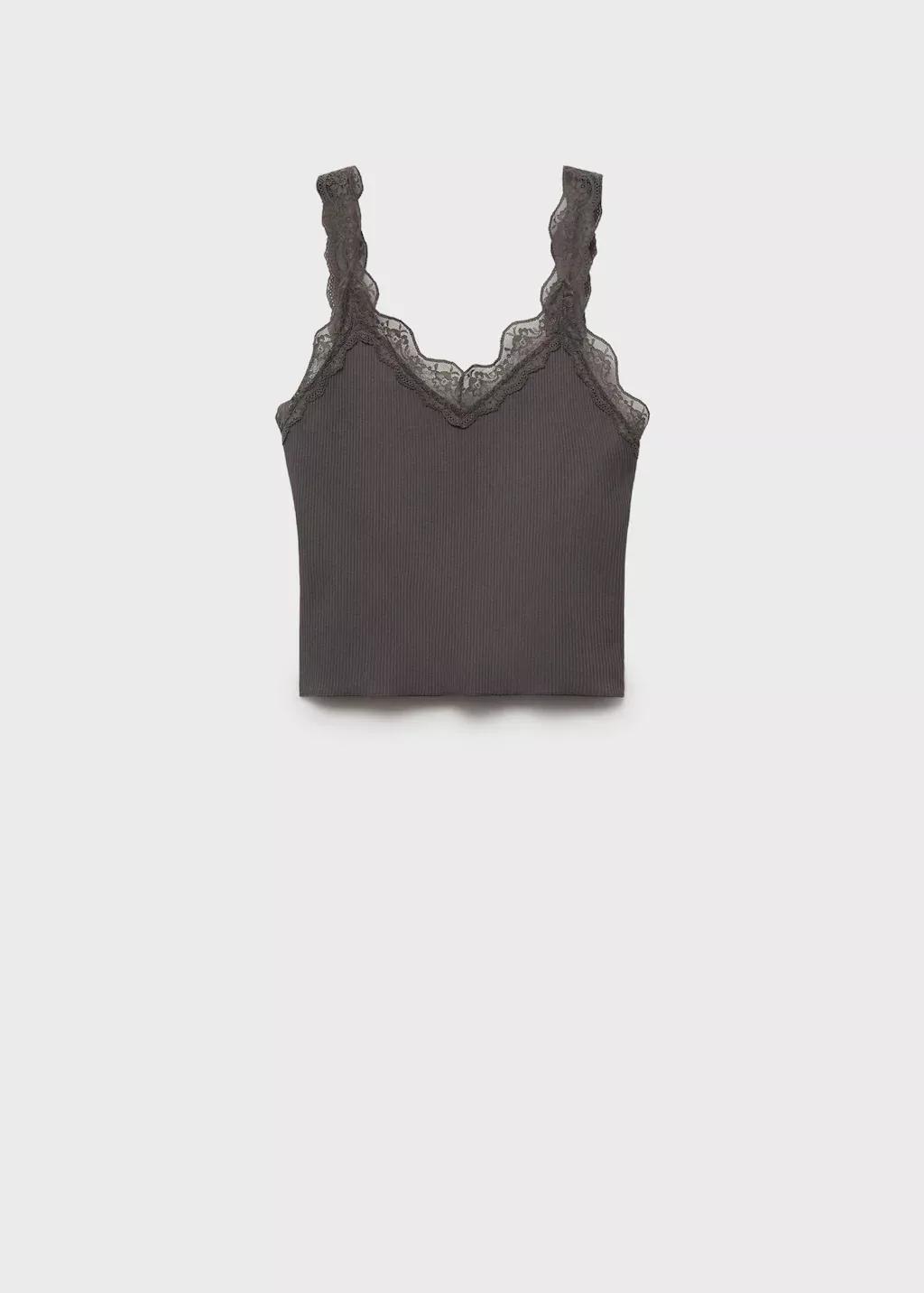 Grey Fitted Top With Lace Neckline, , large image number 3