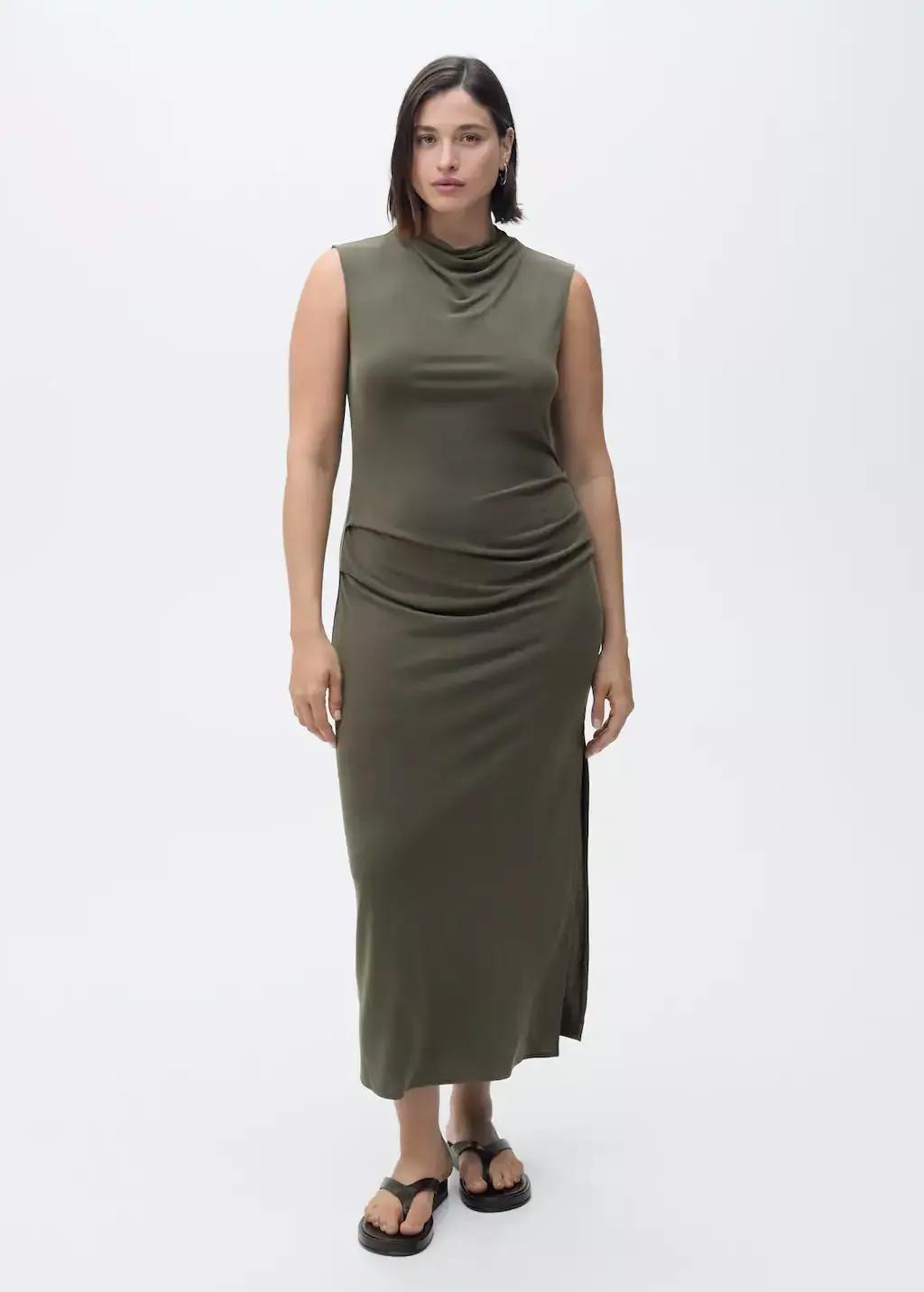 Khaki Draped Neck Modal Dress, , large image number 2