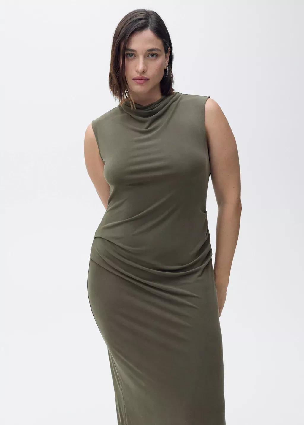 Khaki Draped Neck Modal Dress, , large image number 5