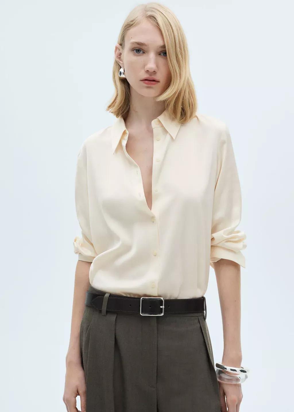 White Satin Finish Flowy Shirt, , large image number 0