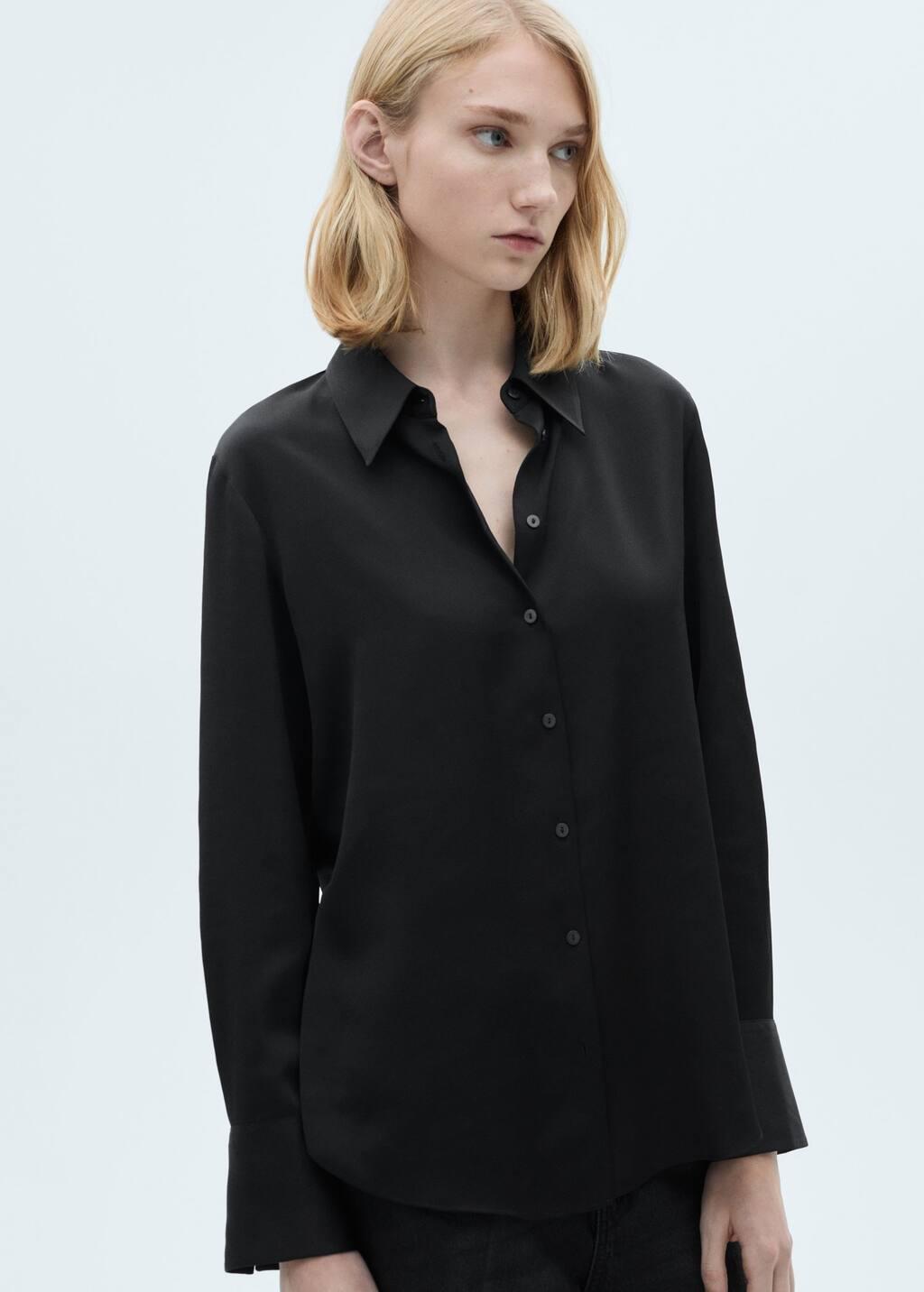 Black Satin Finish Flowy Shirt, , large image number 0